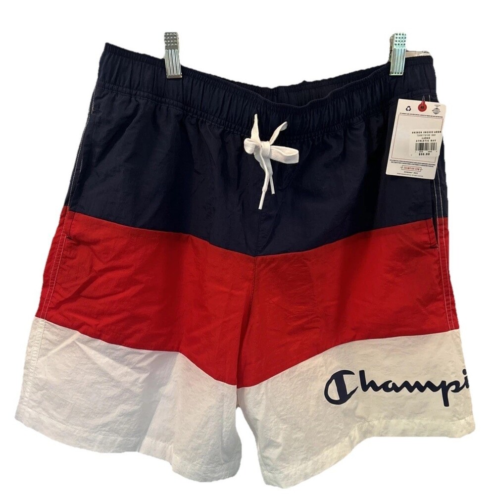 New Champion Swim Shorts Men Large Red White Blue 8" Boating Beach 4th of July
